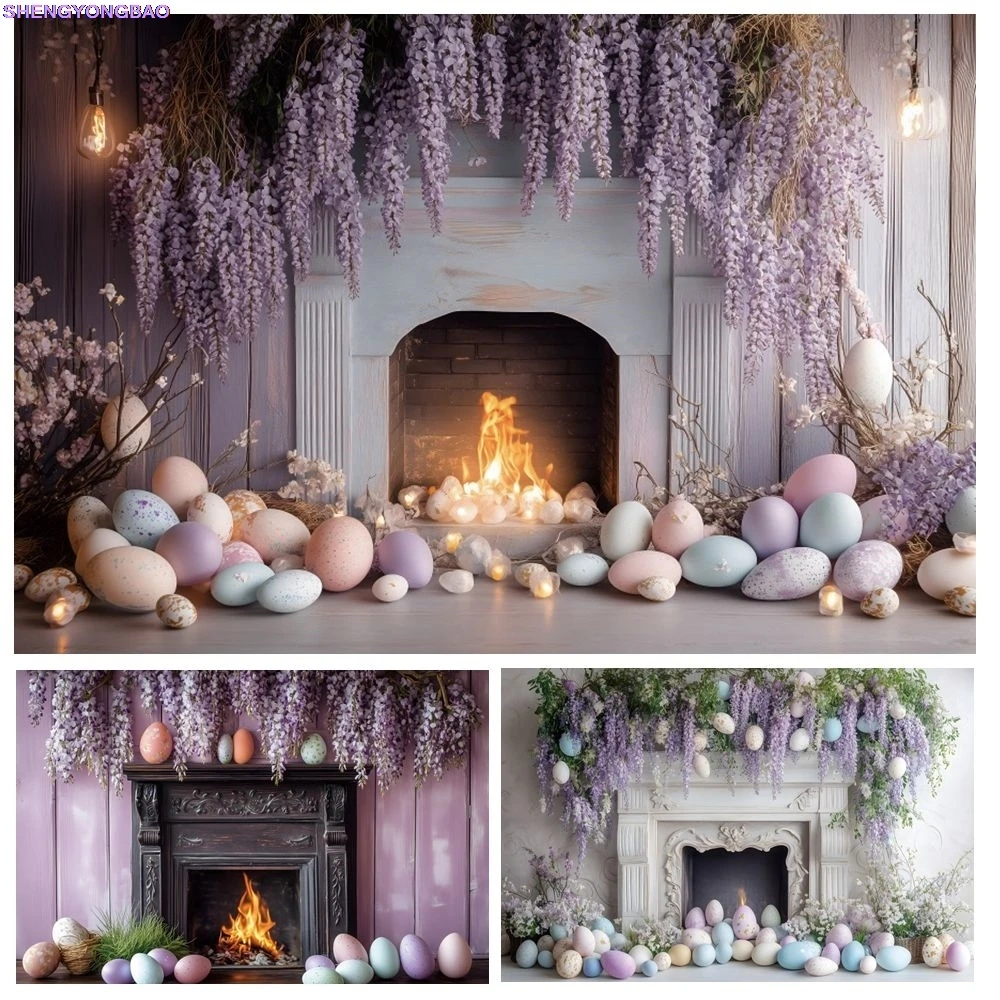 

Spring Easter Colorful Eggs Wisteria Flowers Fireplace Backdrop Easter Home Decor Baby Kids Portrait Photography Background