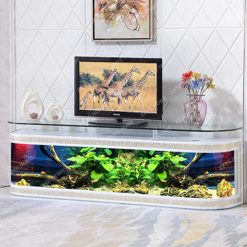 A  TV cabinet goldfish tank for living room, medium to large size, freestanding, double circular turtle tank, wall-mounted