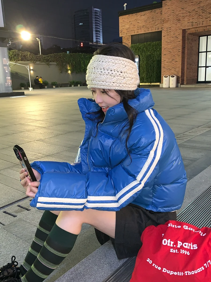 Chic Short Puffer Jacket Women's Korean Style Warm Cotton Coat Stand Collar Bread Clothes Pure Color Commute Zipper Long Sleeve