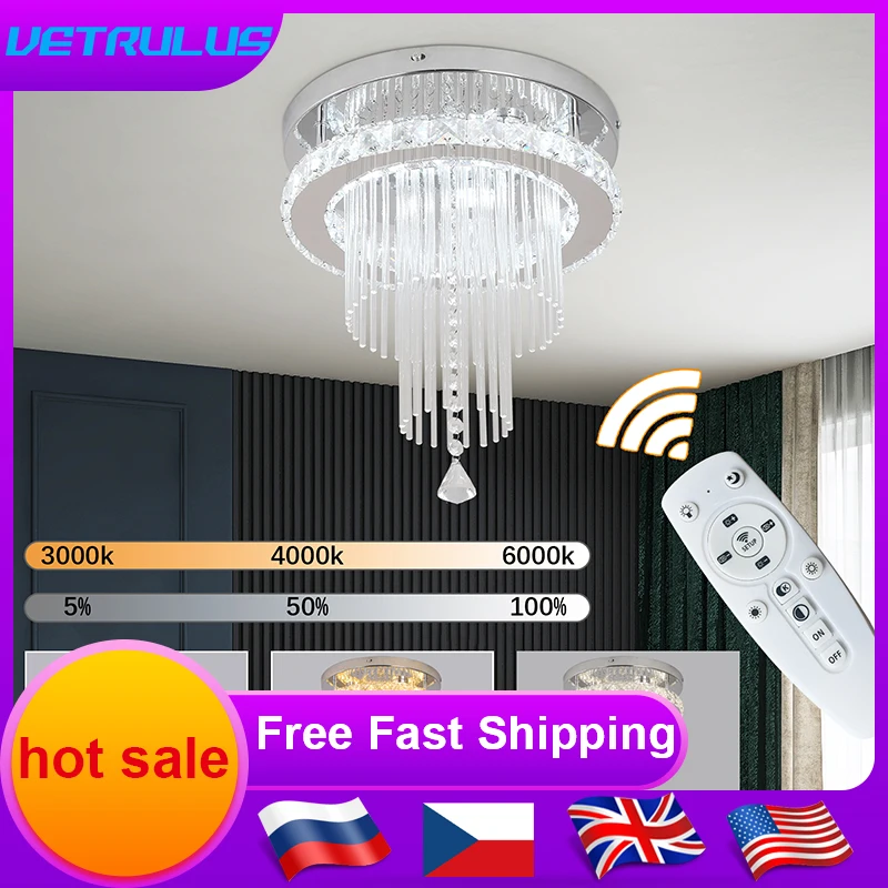 Modern Crystal Chandeliers RC Dimmable Led Ceiling Lamp Pendant Light Raindrop Luster Indoor Fixture Living Dining Room Decor