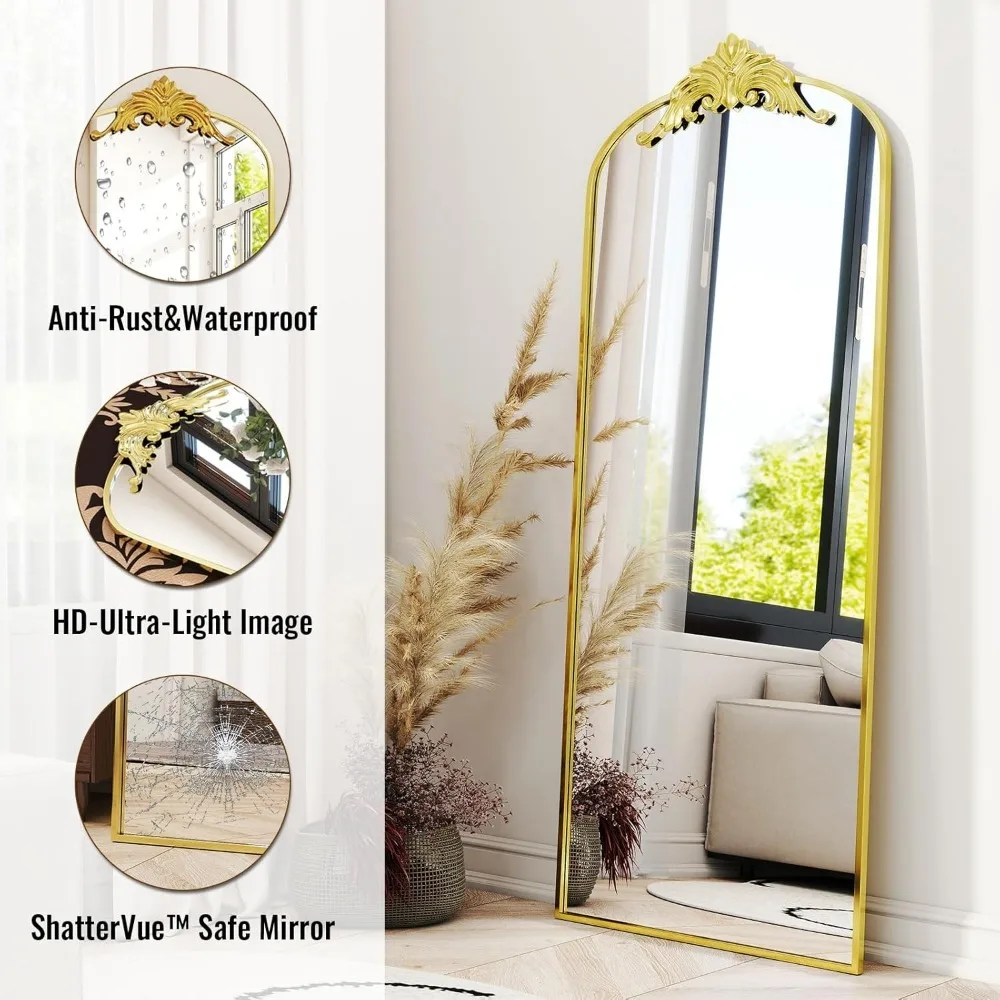 Gold Arched Full-Length Mirror with Stand, 21"x64" Baroque Vintage Body for Bathroom, Dressing Room, or Bedroom - Wall