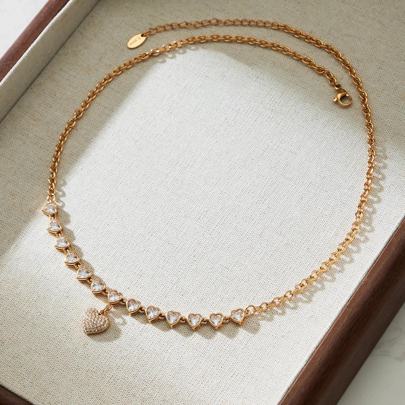 Goldene Silber Edelstahl Kette Halskette frauen Vergoldet Glänzenden Zirkon Herz Anhänger Halskette Femme Wasserdicht Schmuck – Detail 9