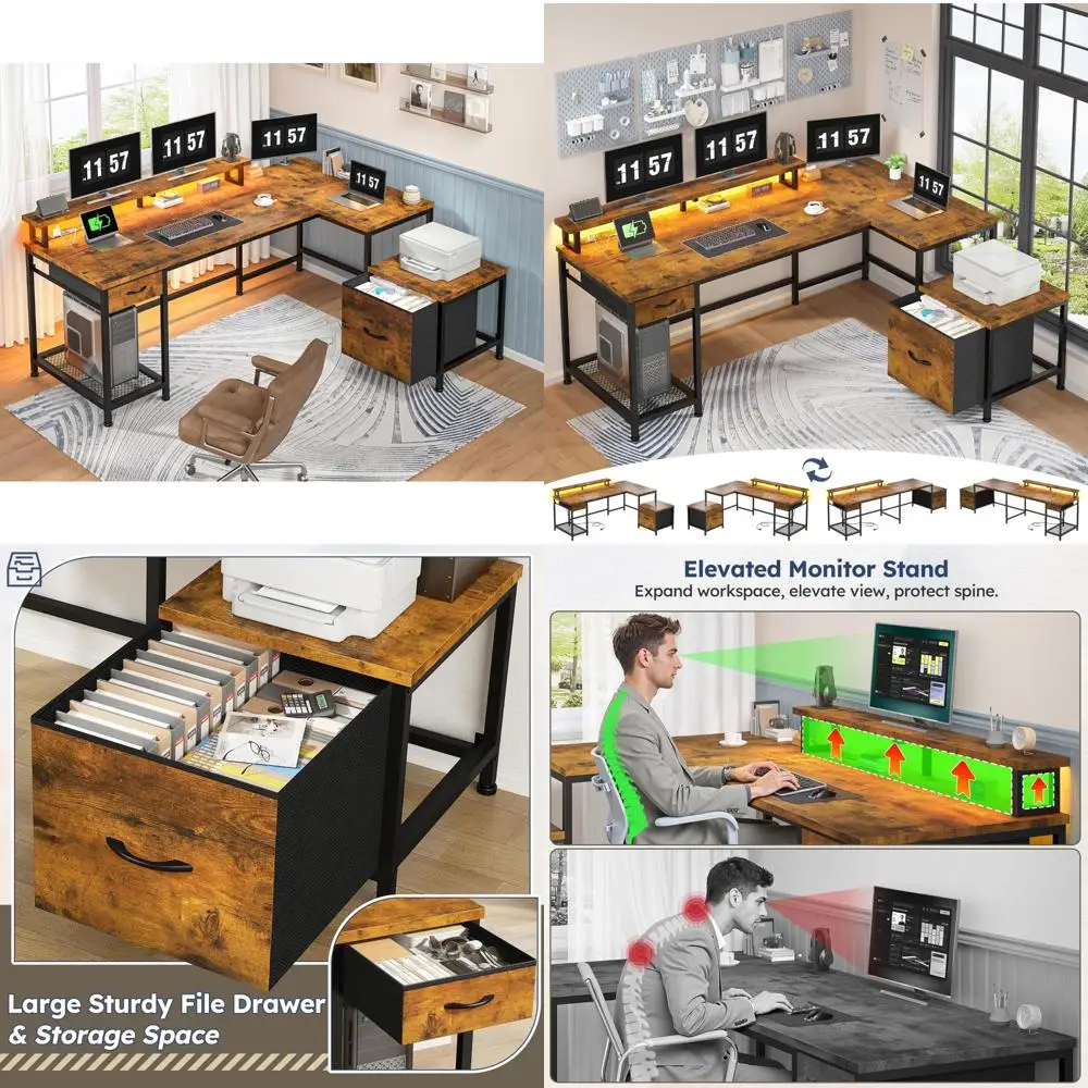 L-Shaped Gaming Desk with LED Lights, Drawers, Monitor Shelf, and Built-In Power Outlets for Corner Office Spaces