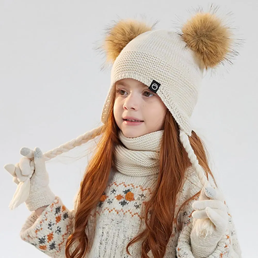 

Fashion Warm Winter Hat Scarf Gloves Set Windproof Pompom Knitted Hats Soft Thicken Toddler Bonnet Outdoor
