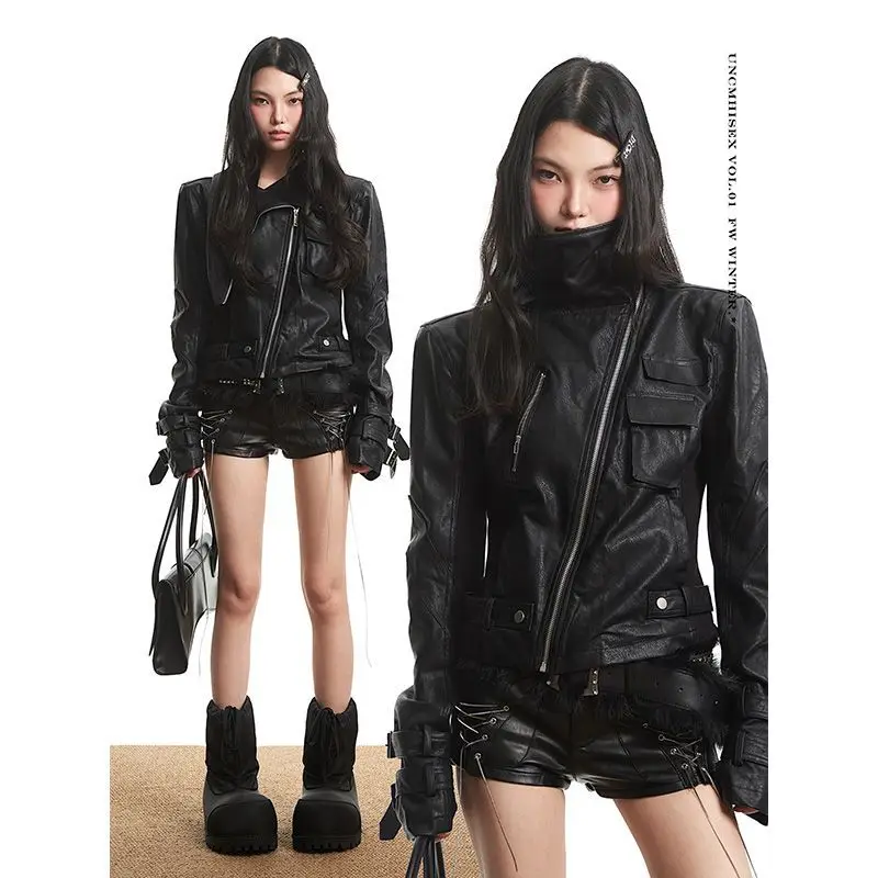 Retro Punk High Street Black Leather Jacket Zipper Jacket Slim Fit