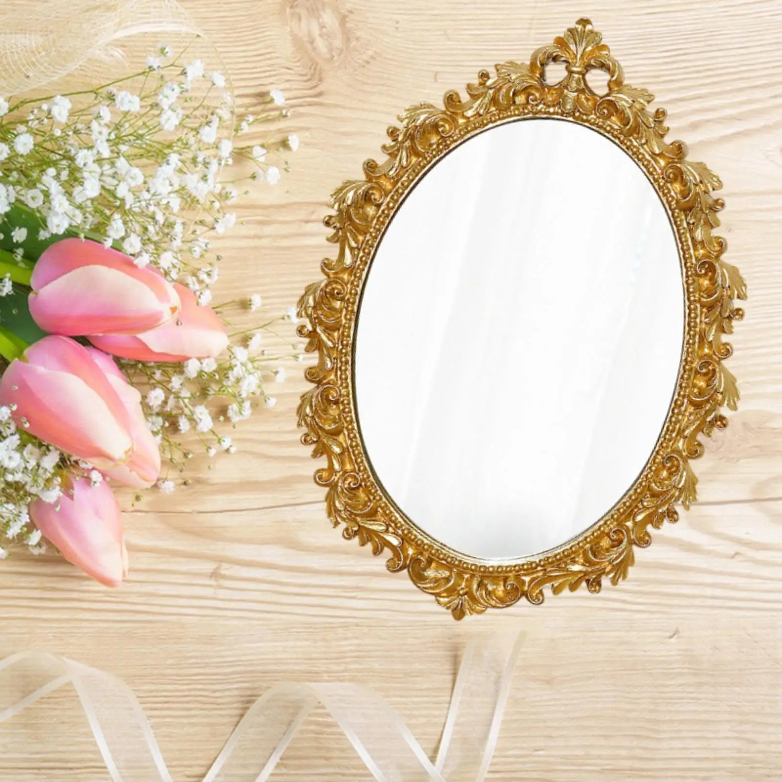 French Classical Gold Foil Carved Mirror Retro Light Luxury Resin Carved Makeup Mirror Oval Decoration Can Be Wall-Mounted