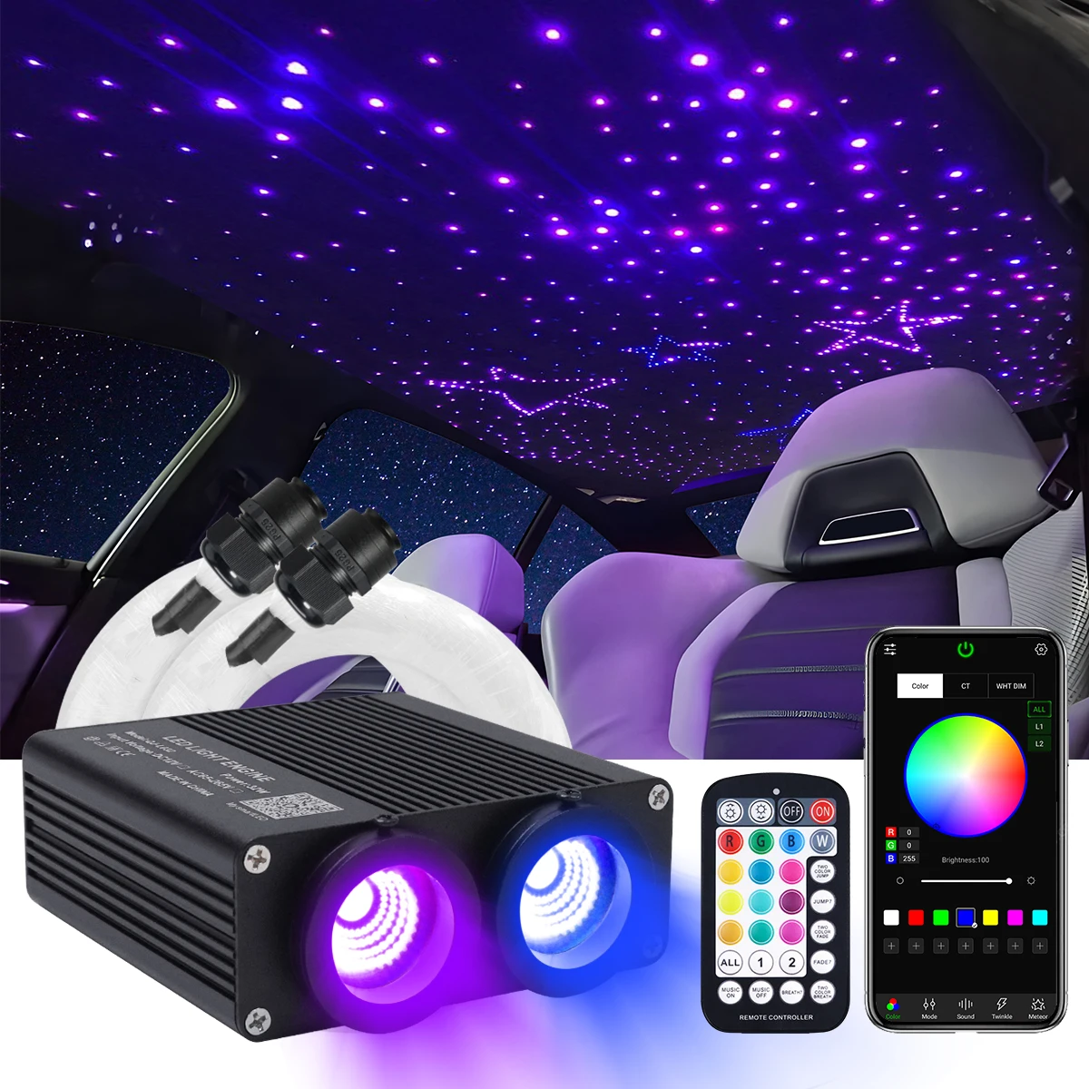 

32W dual port Fiber Optic Starry Sky Ceiling Kit with RGB Meteor Effects APP Car roof Fiber Optic Light Starry Sky Car ceiling m