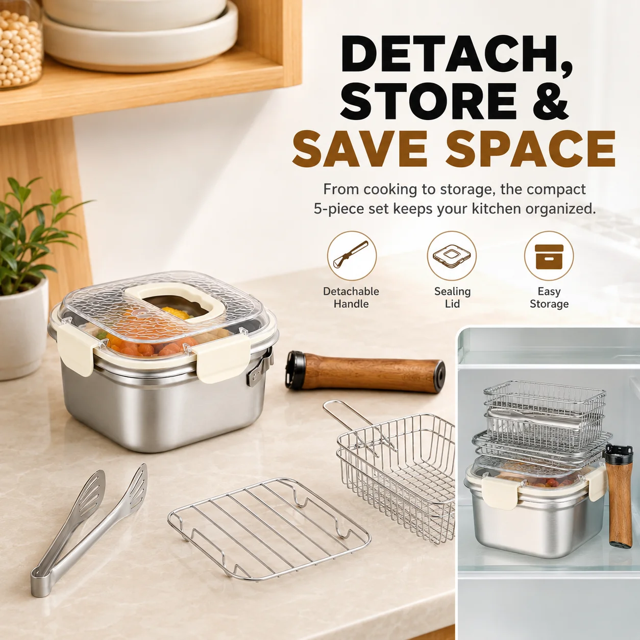Uwhise Square Fryer Pot Stainless Steel Saucepan Deep Fryer Pot With Basket Storage Container Detachable Handle Camping Cookware view 5