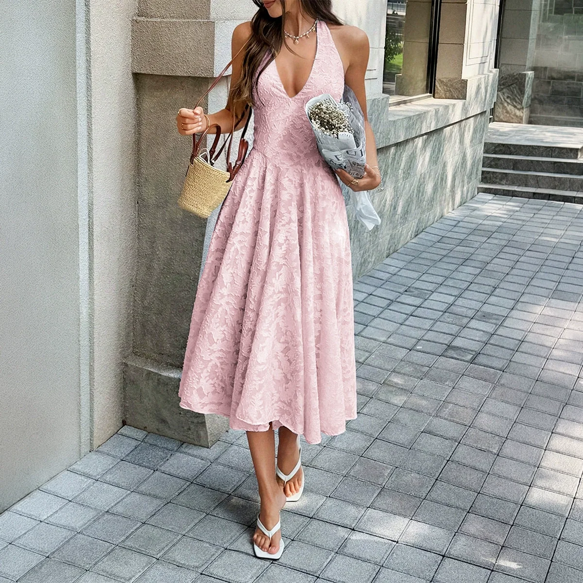 2026 Deep V-Neck Halter Dress Woman Summer Jacquard High-end evening dress Backless Elegant Patchwork Solid Party Sexy Vestidos