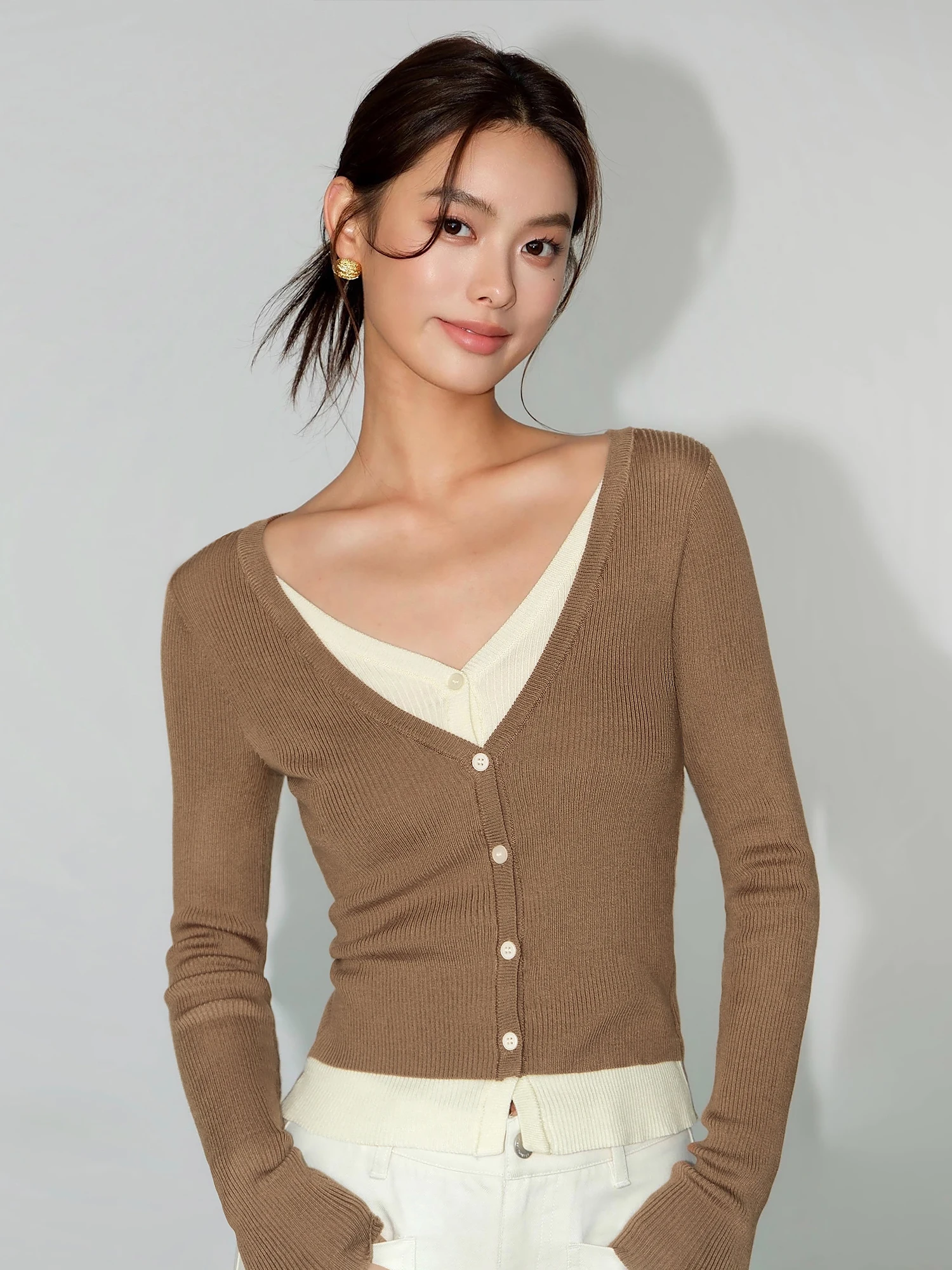 

NEVA HU многослойный эстетический трикотаж с v-образным вырезом, женский дизайн, цветная блузка, корейский топ, длинный све, облегающий весенний модный