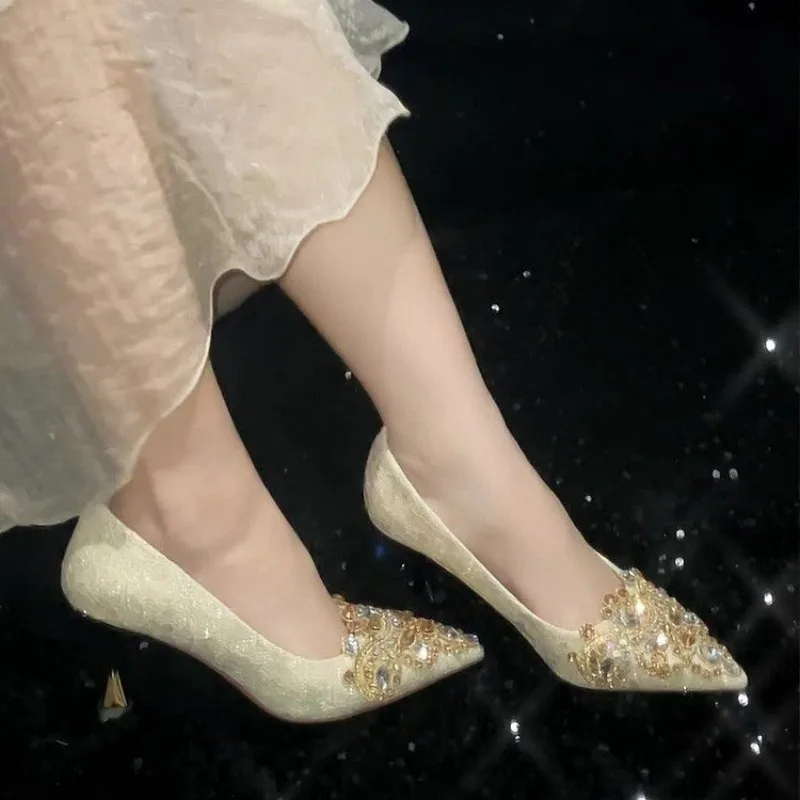 Women's French Pointed Toe Non-Tired Foot Crystal Shoes Rhinestone Square Buckle Sequin Bridesmaid Shoes