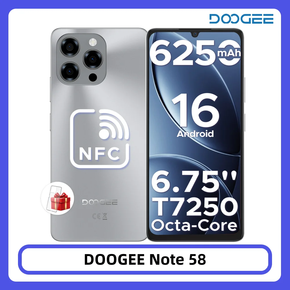 DOOGEE Note 58 Smartphone 32GB 128GB 6.75" HD+ 90Hz 6250mAh Large Battery Unisoc T7250 16MP Camera NFC Android 15 Cell Phone