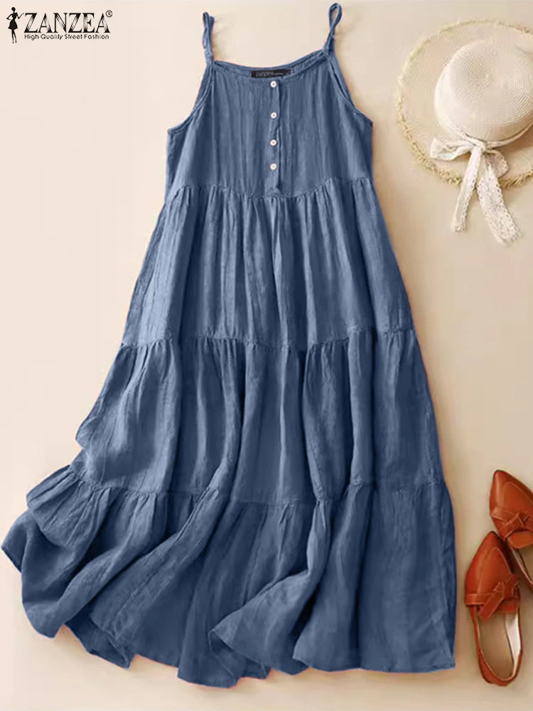 ZANZEA-vestido Midi de vacaciones con tirantes finos para mujer, vestido veraniego con volantes lisos y estilo, informal, corte en A, para fiesta, 2024