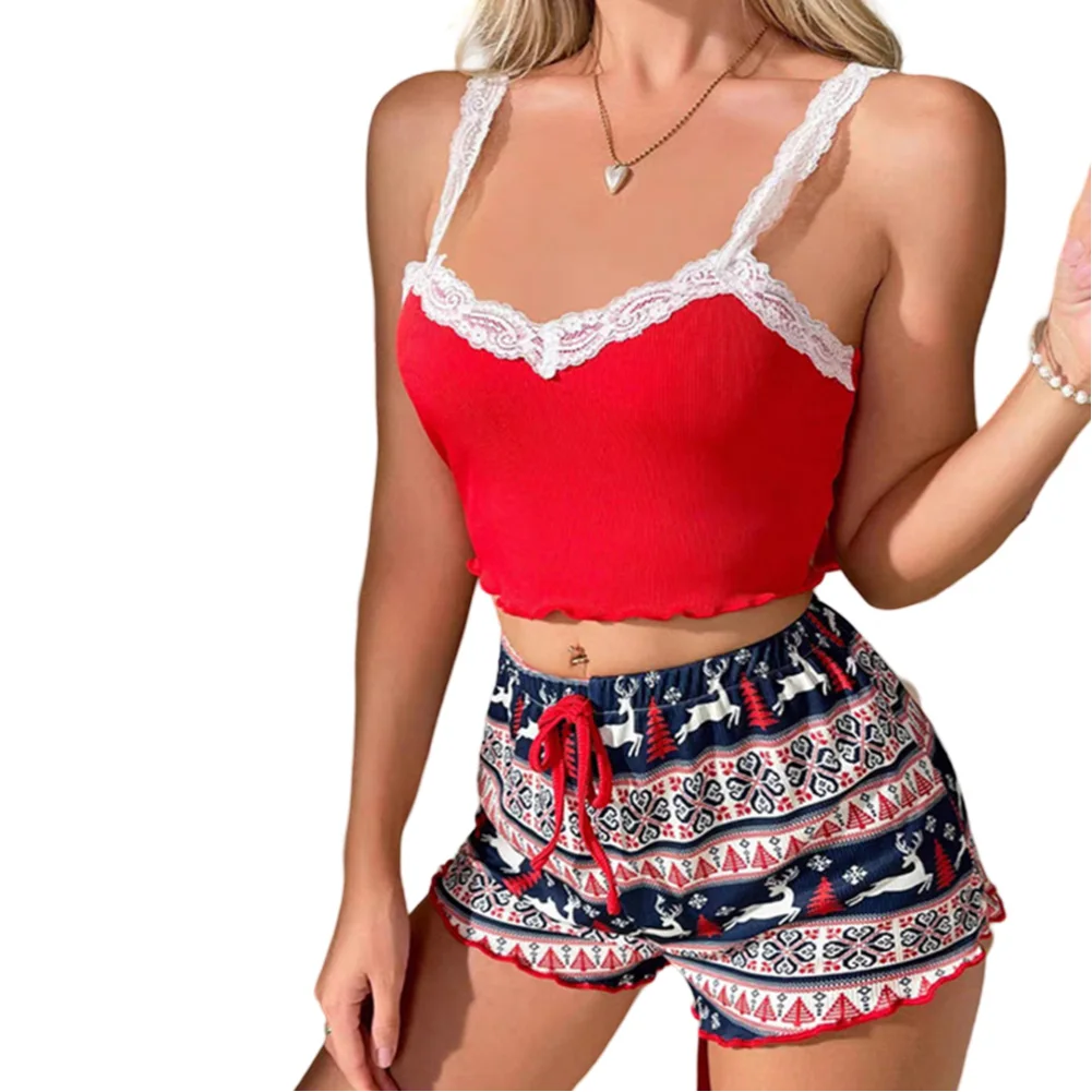 المرأة بيجامة مجموعة الدانتيل الخامس الرقبة مثير الحمالات سترة مطبوعة السراويل Homewear مجموعة