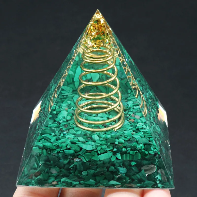 Energy Crystal Stone Pyramid Ornament 6cm Natural Malachite Turquoises Gold Foil Pyramid Healing Reiki Home Decoration