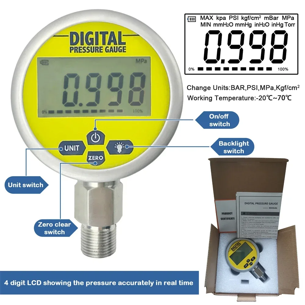 10000PSI Digital Pressure Gauge 80mm Diameter High Accuracy 0.4% FS Hydraulic Manometer 1/4'' NPT Thread