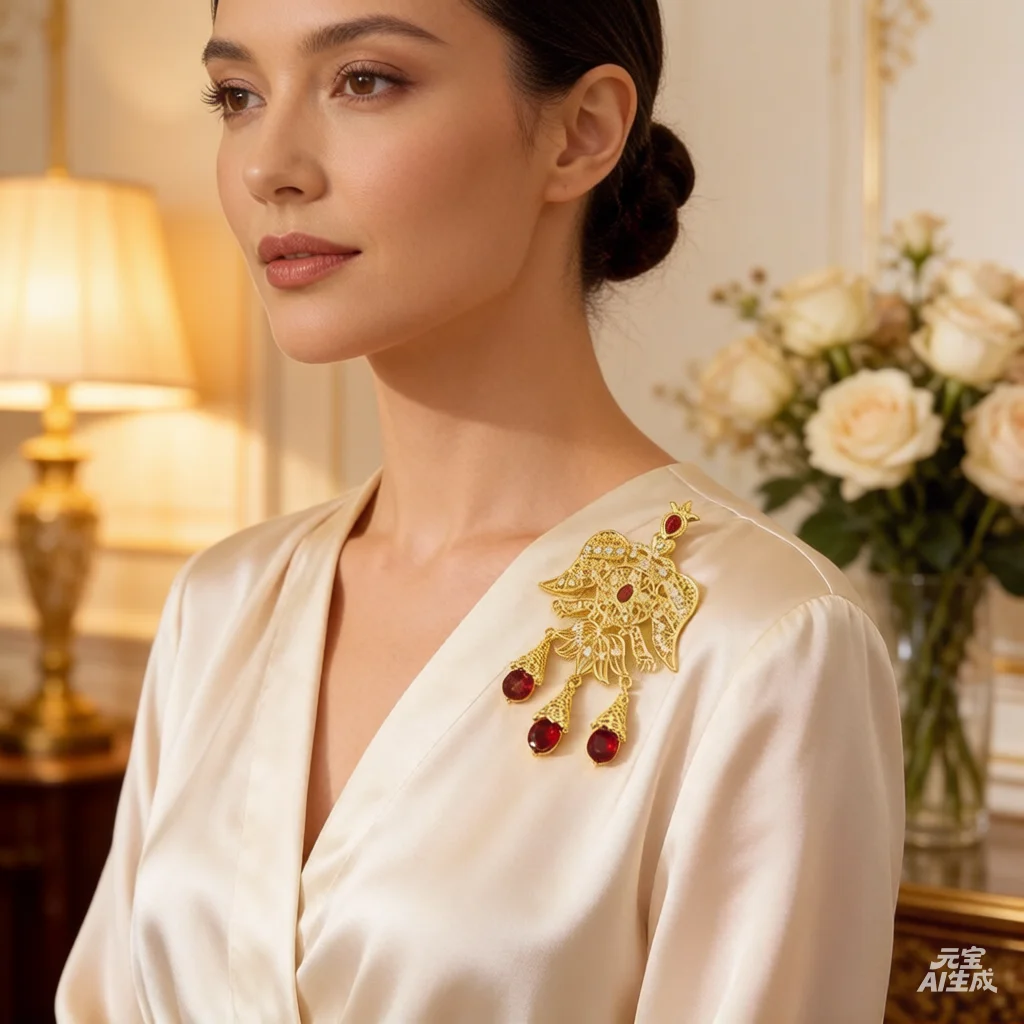 Luxurious Moroccan Bride Brooch Shimmering Rhinestone Gold-Plated Pin Wedding Party Accessory