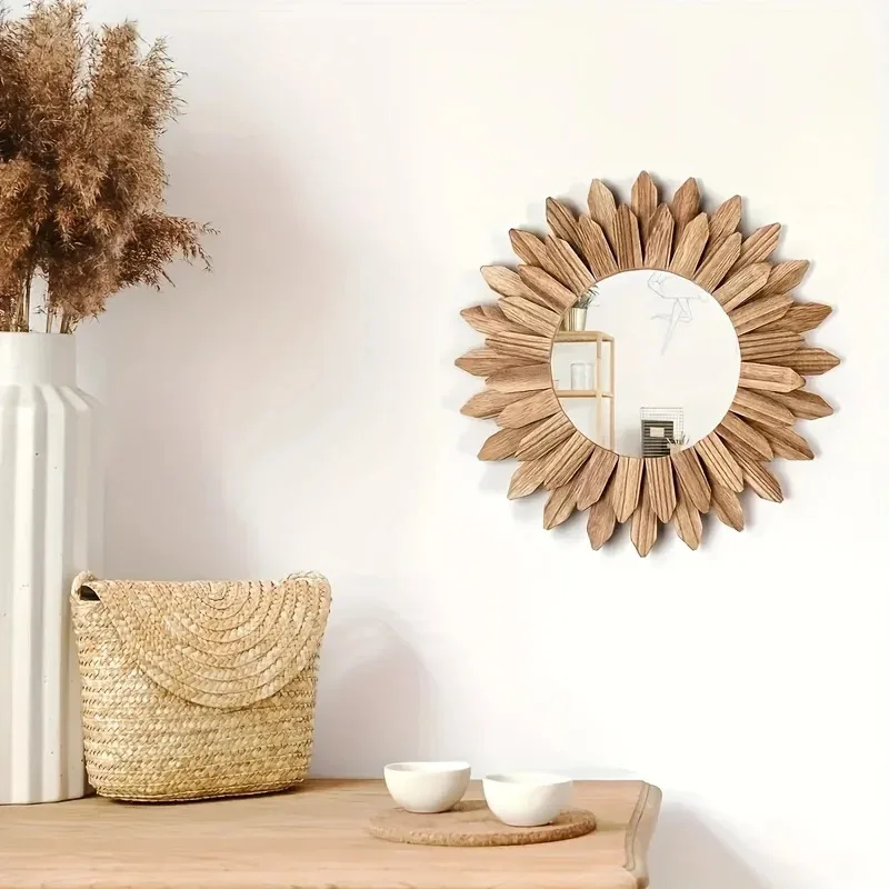 Wooden Sunflower Wall Mirror - Bohemian Style, Creative Makeup & Decor Mirror for Bathroom & Bedroom