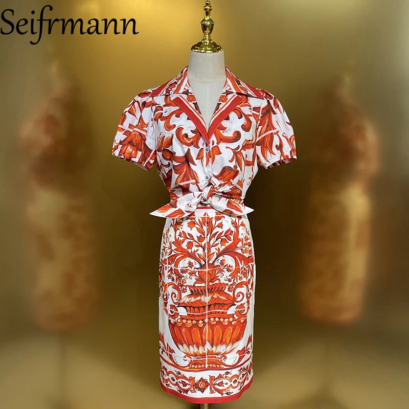 

Seifrmann Casual printed women's collar short sleeved cotton top+hip hugging skirt set 2026 summer fashion two-piece set