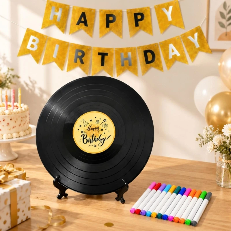 Phonograph Record Happy Birthday Decorations, Injection-Molded ABS Music-Themed Display Set with Grooved Detailing for Home