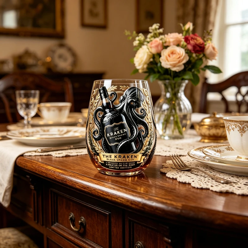 The Kraken Black Spiced Rum Whiskey Glass, Octopus Print Rocks Glass, Lead-Free Clear Tumbler for Cocktails