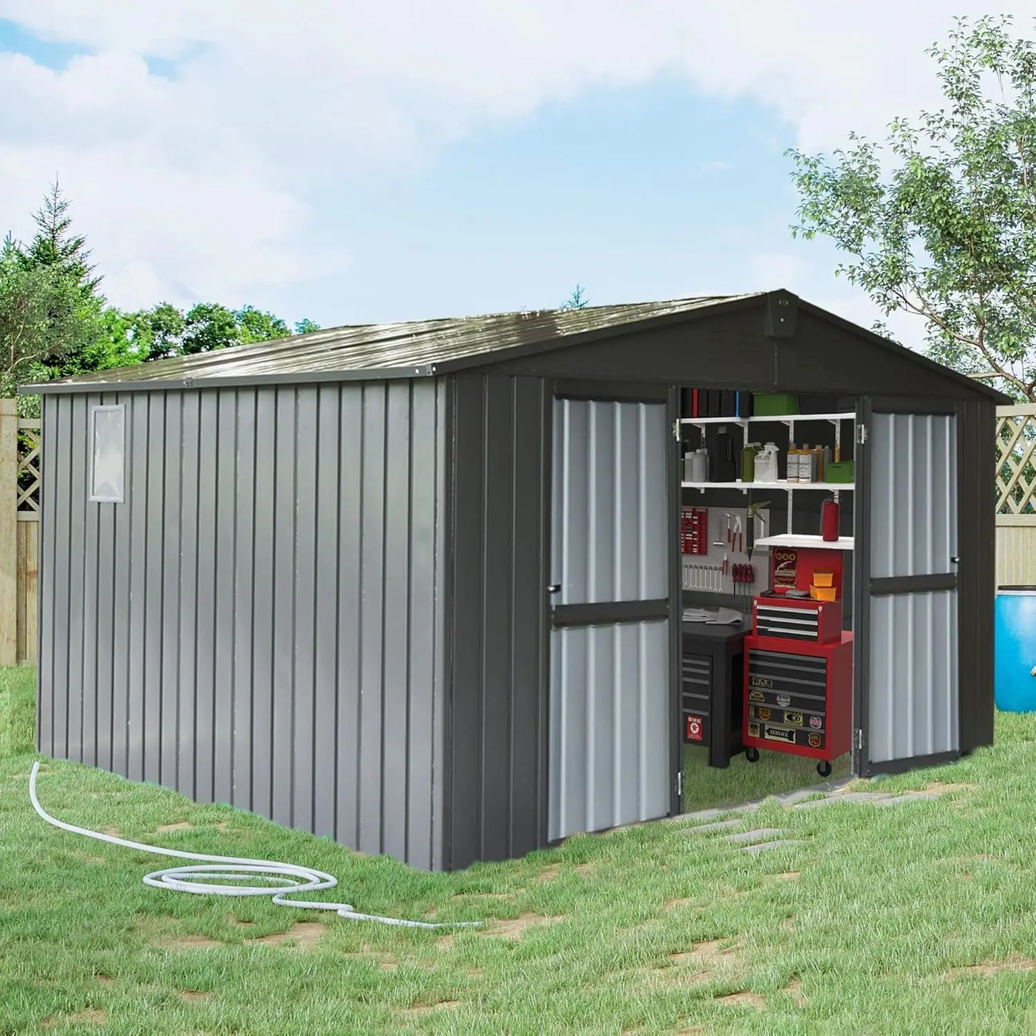 Metal Storage Shed 11x9 FT with Lockable Double Door, Waterproof Large Outdoor Bike Shed for Garden & Backyard, Gray, Customized