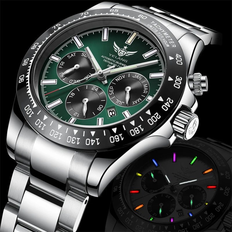 YELANG Men Luxury Watch 42mm Retro Automatic Mechanical Wristwatch 10ATM Waterproof Luminous Sapphire 9120 Panda Six Eyes Flying