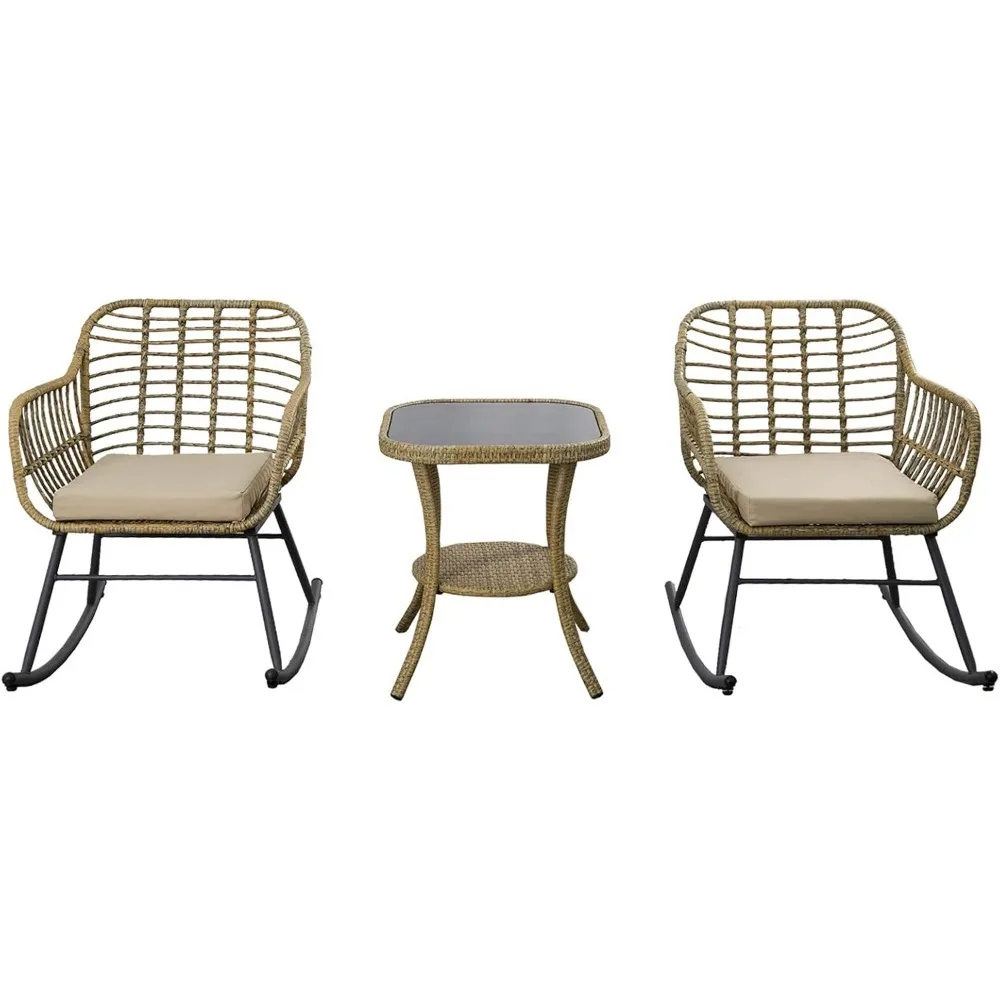 

3 Piece Rocking Chairs Set, Rattan Patio Bistro Set, Outdoor Wicker Patio Furniture Set with Soft Cushion