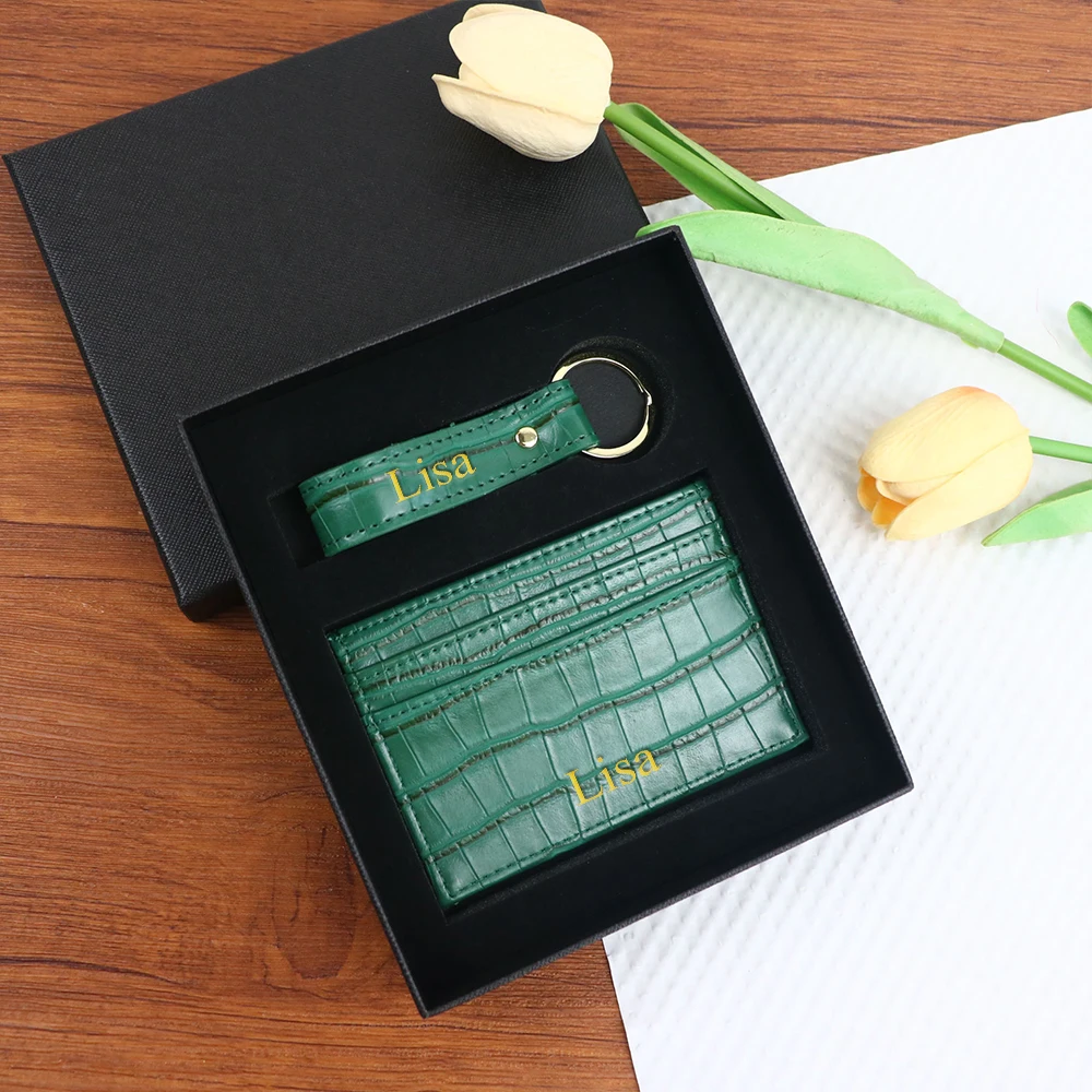 Customized name 1 set, crocodile-patterned PU leather fashionable short wallet, Christmas birthday gift box, car keychain cover
