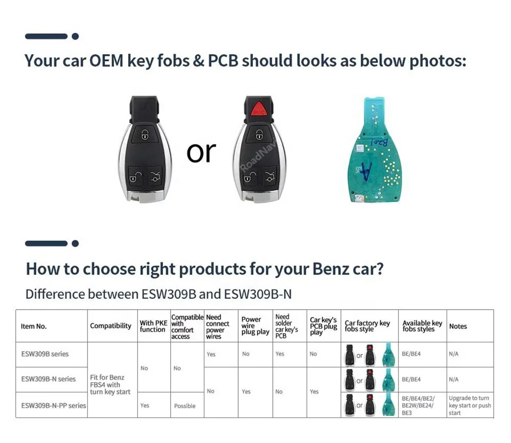 Kit PKE de arranque de botón RoadNavi apto para Benz 2014+ FBS4 con llave de giro solo inicio de entrada remota sin llave pasiva
