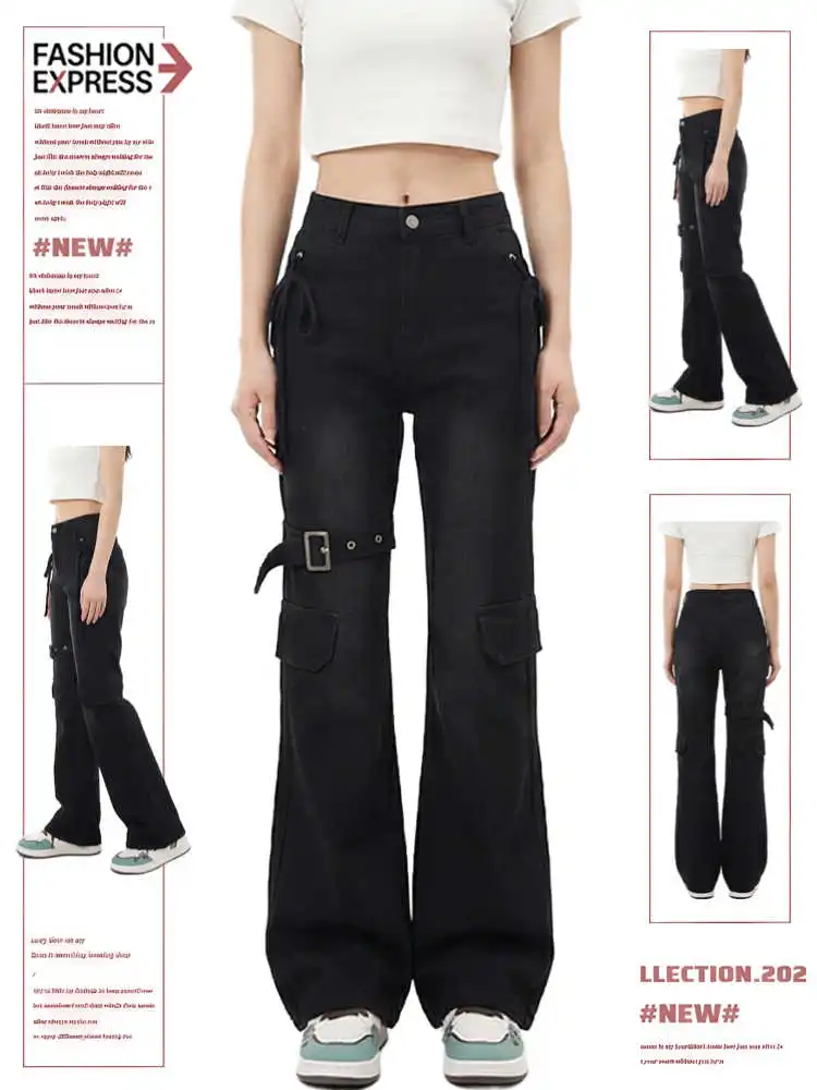 

Women's Jean Dark Academia Cargo Jeans High Waist Denim Pants Gothic Punk Abi Y2k Cowboy Japanese Harajuku Long Trousers New