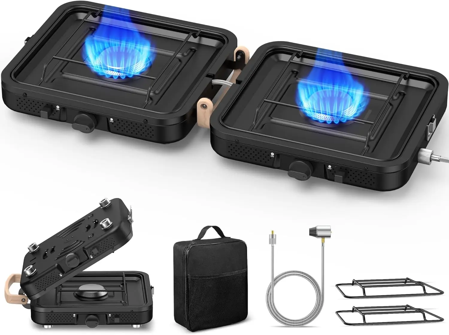 

2-Burner Propane Camping Stove, 17500 BTU Adjustable, Portable Folding Gas Stove with Carry Bag for Camping, Outdoor Cooking, Ba