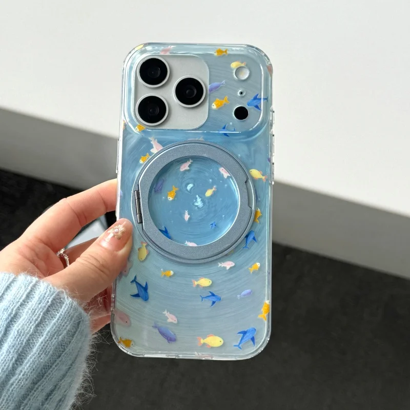 

Color Little Fish Cute Phone Case For iPhone 17 Pro 16 15 14 Pro Max Cover with Magnetic Rotation Support Holder Kawaii Cases 17