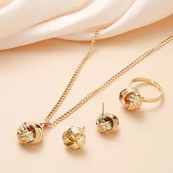 Gold-Color Ball Shape Jewelry Sets Copper Trendy Fashion Style Adjustable Chain Rings Necklace For Woman On Party Wedding