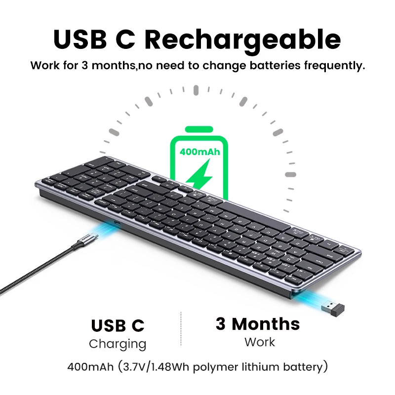 Imagem -05 - Ugreen-teclado sem Fio Bluetooth 5.0 Russo Coreano en 99 Teclados para Macbook Ipad pc Tablet Usb c Recarregável 2.4g