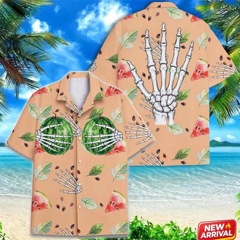 Creative Watermelon Skeleton Hand Pattern Shirt Men Hawaiian 3d Printed Flower Graphic Short Sleeve Colorful Loose Button Blouse