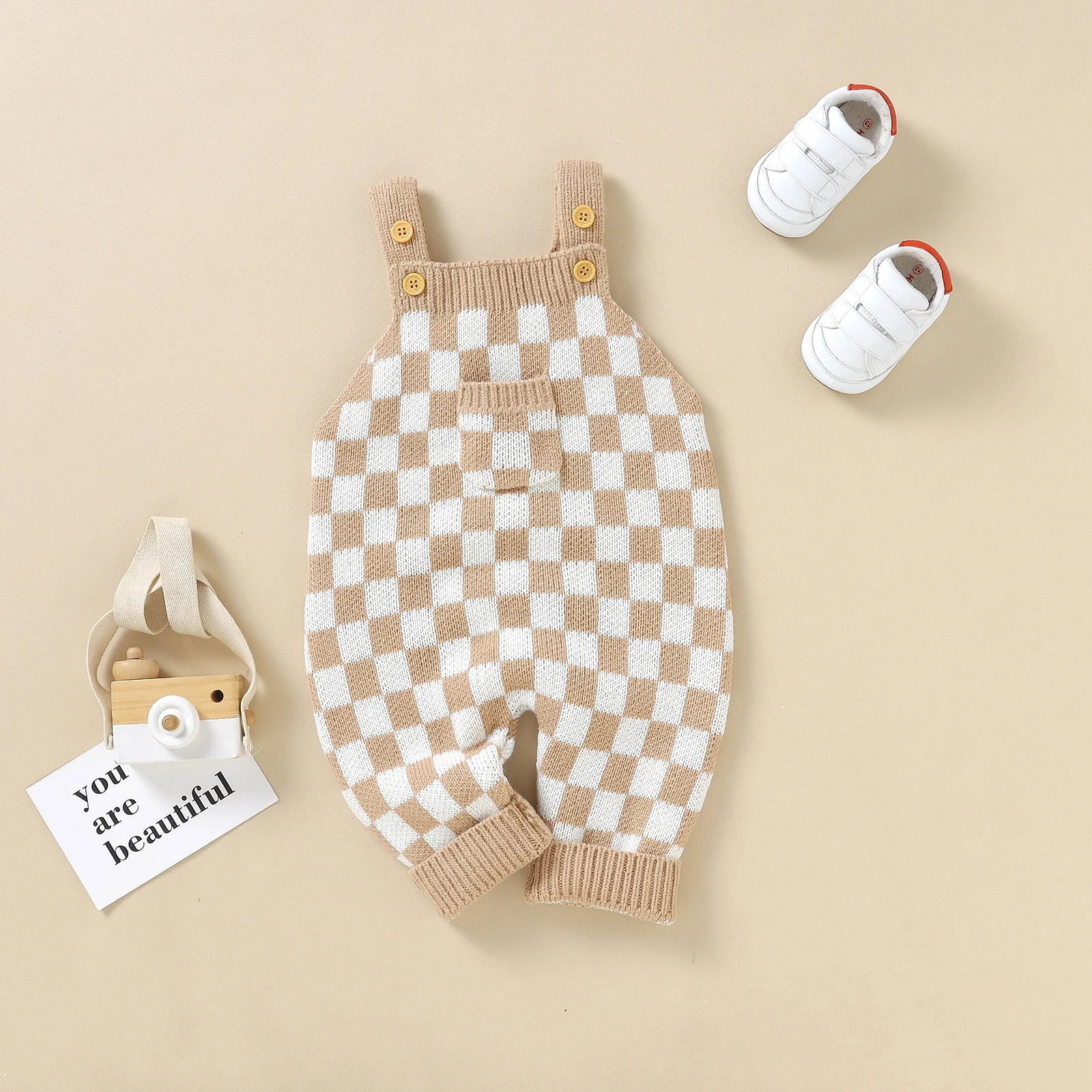 Baby Girls Boys Autumn Winter Jumpsuit Sleeveless Checkerboard Print Knitted Jumpsuit Button Down Bodysuit Playsuits Clothes