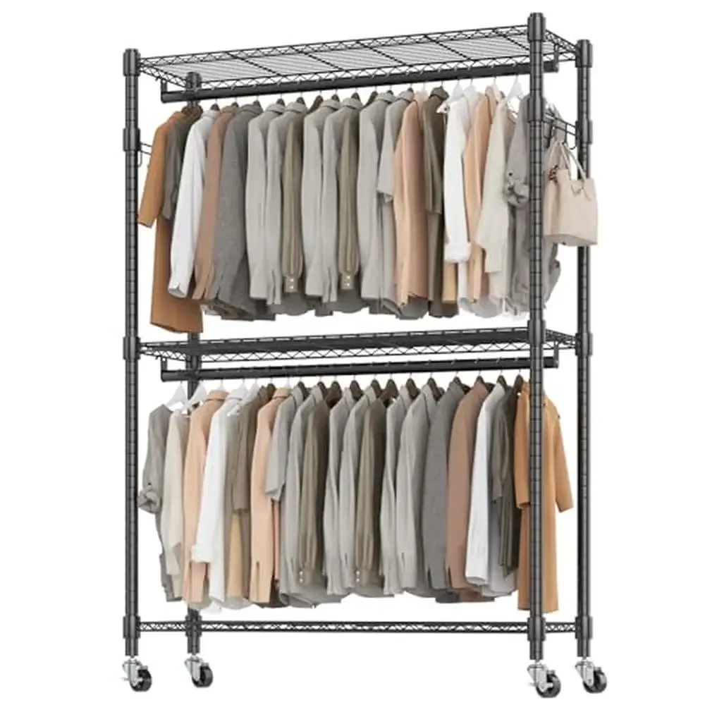 Heavy Duty Rolling Clothes Rack with Double Hanging Rods Sturdy Wardrobe Closet Storage Organizer with Side Hangers Adjustable