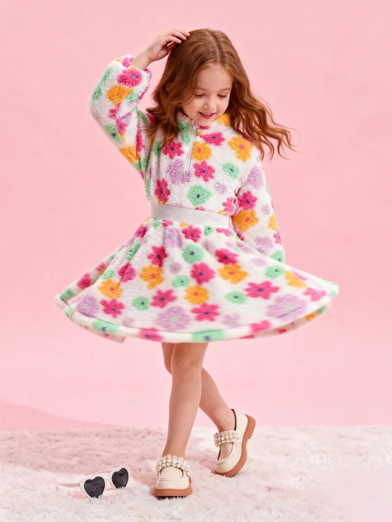Girls' Autumn Winter Casual Double-Sided Plush Dress with Flower Print Long Sleeves Stand up Collar Waist Cinching Knee Length