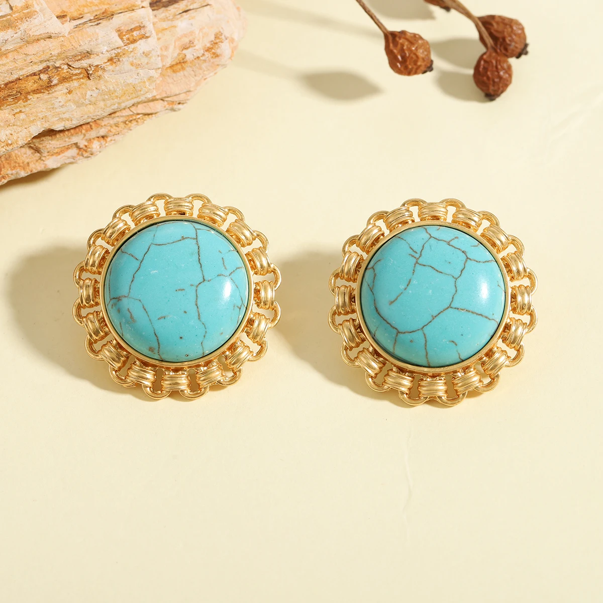 French Vintage Round Turquoise Stud Earrings for Women Gold Plated Braided Edge Statement Button Earrings Trendy Jewelry Gift