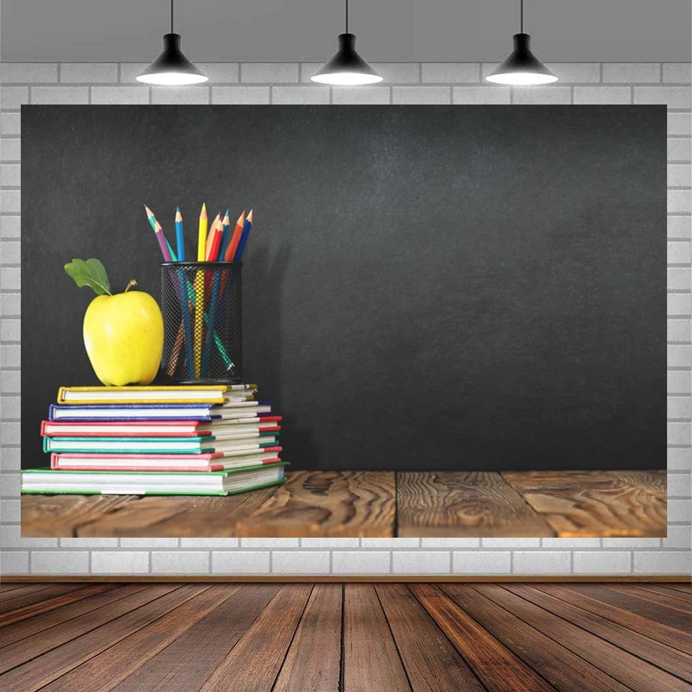 Classroom Chalkboard Back To School Photography Backdrop Pencils Vase Stack of Books on Wooden Board Blackboard Background