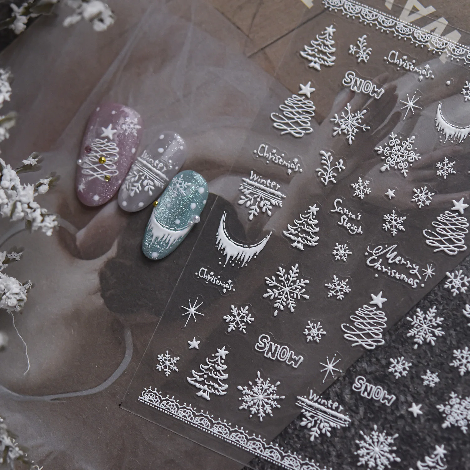5D Delicate Embossed White Christmas Nail Stickers Snowflake Xmas Tree Moon Snow Decals Winter Holiday Manicure DIY Accessories