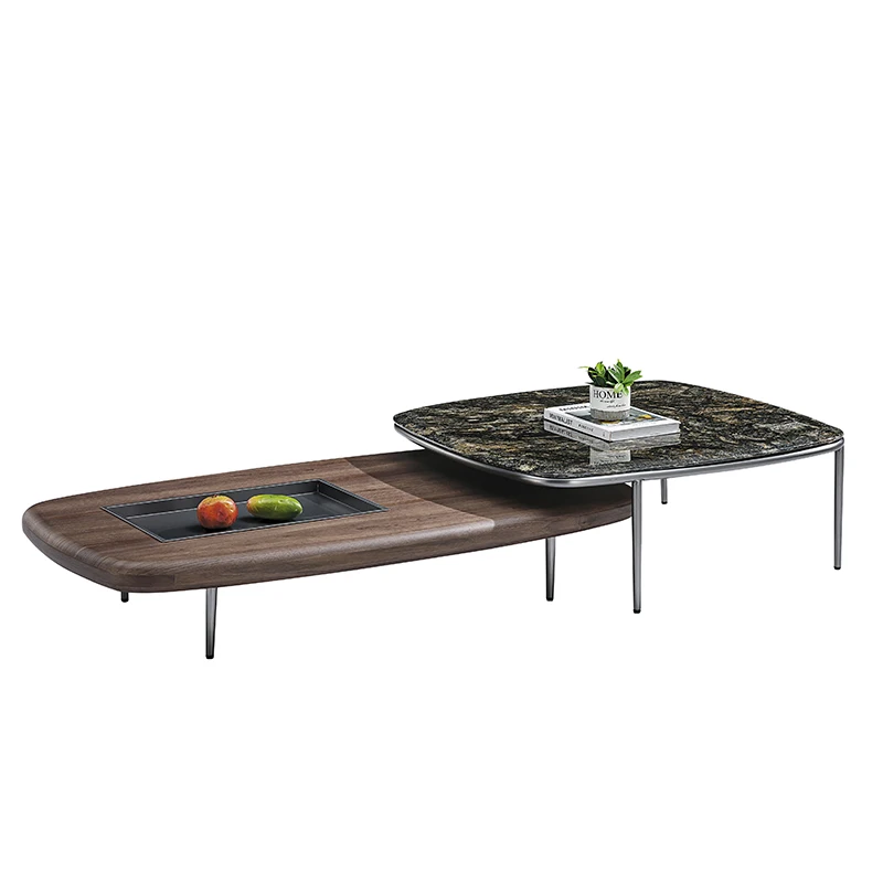 # Modern Minimalist Black Rectangular Extendable Coffee Table Set Stainless Steel Legs; Light Luxury Villa Marble Coffee Table