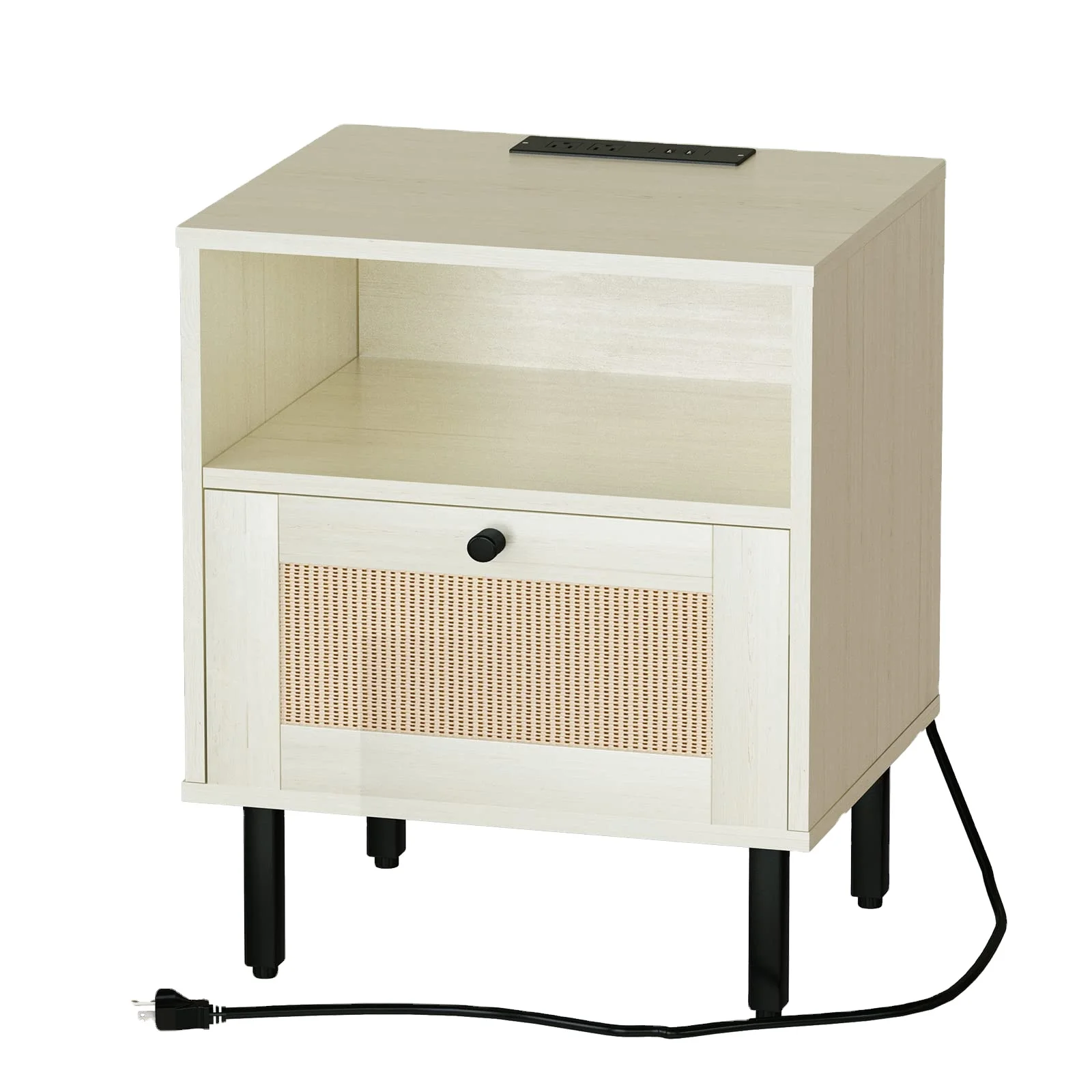 Wholesale Nightstand with Charging Station Wooden Nightstand with Drawer and Opening Shelf for Small Space Home Office - Beige