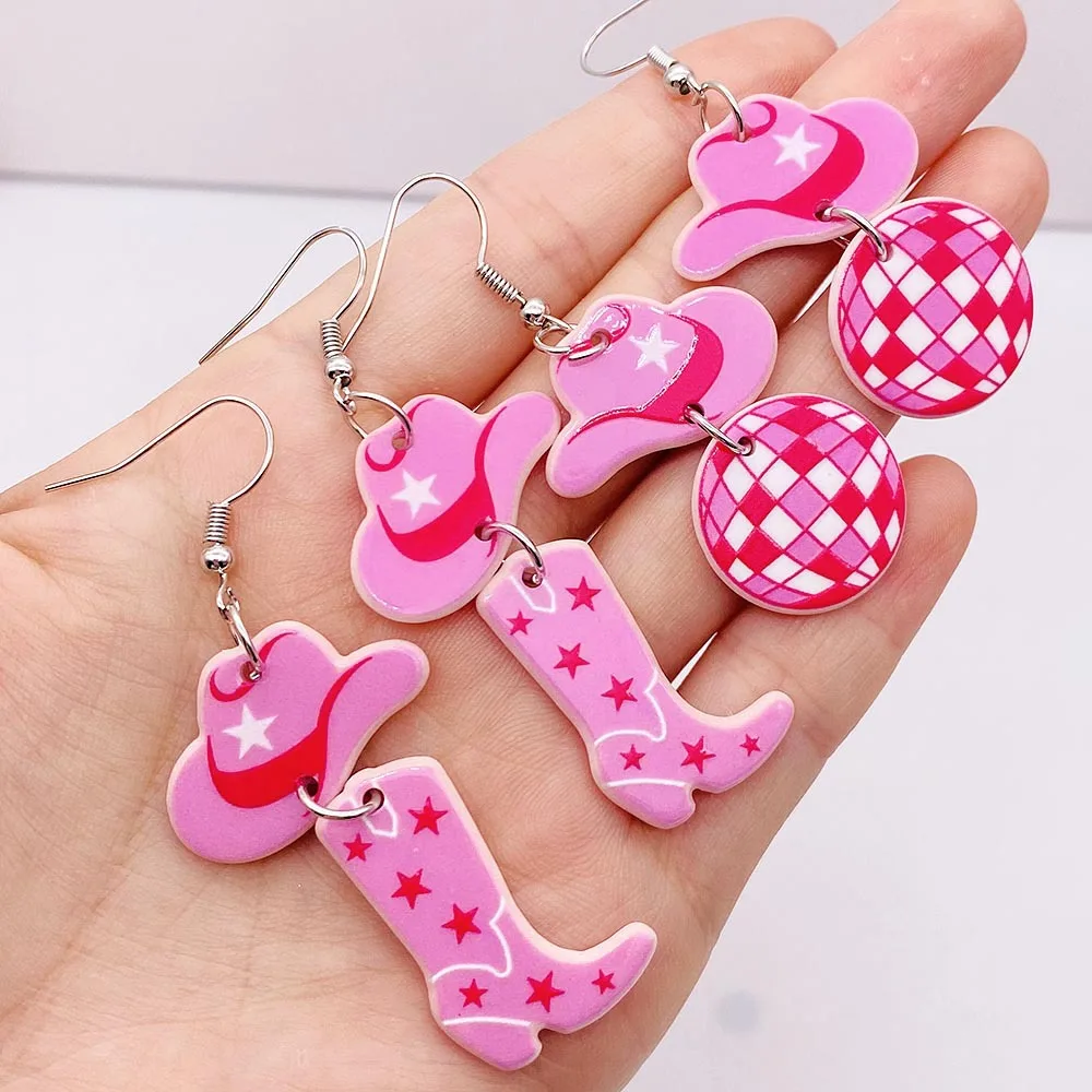 

New Western Denim Style Acrylic Earrings Pink Hats Boots Laser Balls Popular Fashionable Personalized Earring