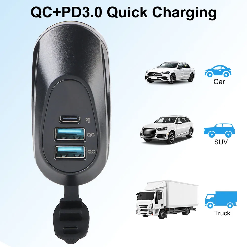 12V-24V Car USB Socket Charger USB Outlet Adapter Replacement Universal Wall Mount USB Outlet Dual USB + PD3.0 Port