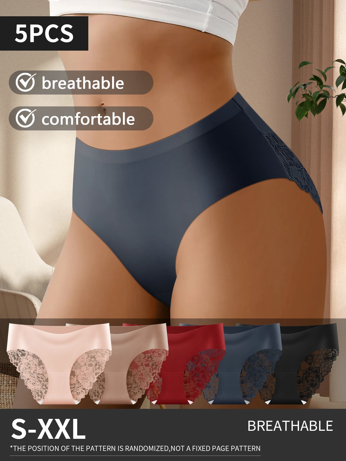 

Женское кружевное нижнее белье из 5 шт. - элегантная кружевная отделка добавляет женственность и очарование. | Мягкие бесшовные трусы с кружевной отделкой - женские