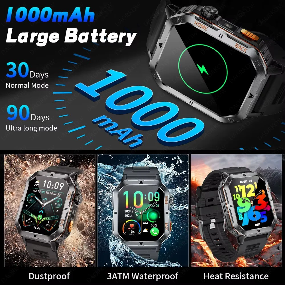 2026 New 1000mah AMOLED Smart Watch Men 170+Sport Fitness LED Flashlight IP68 Waterproof Bluetooth Call GPS Track Smartwatch IOS