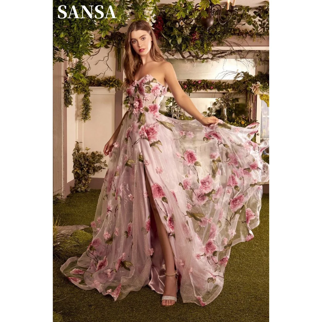 Sansa Gliiter Pink Flower muslimexayal Sweet senza spalline Vestidos De Noche Shiny Side Split Prom Dresses con fiore 3D