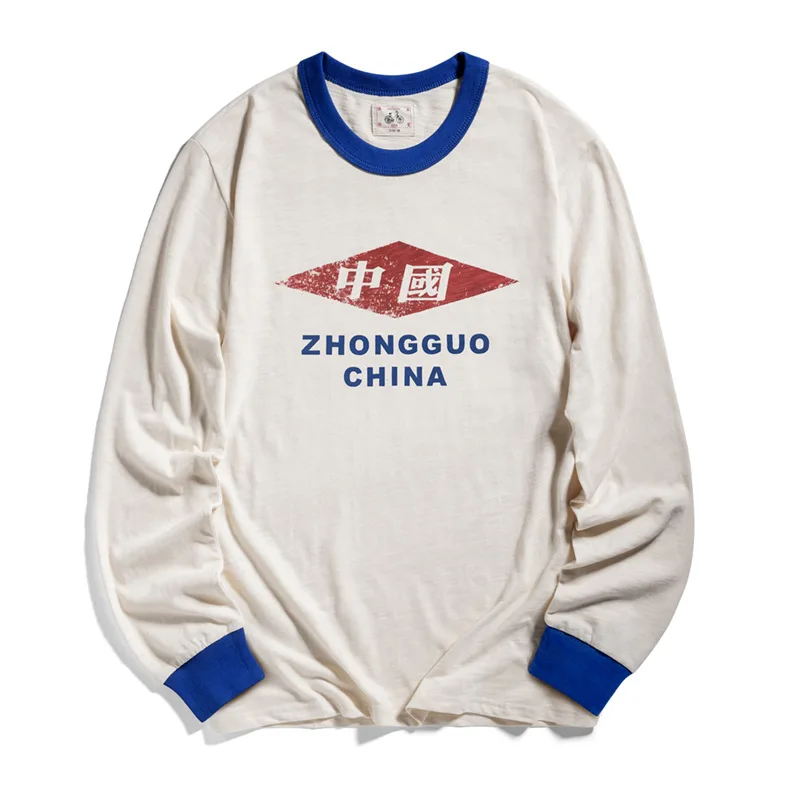 

Spring Fall New Fashion Men Blue Patchwork Long Sleeve Letter Print Vintage T-shirt Casual Loose Cotton Tees Daily Pullover Tops